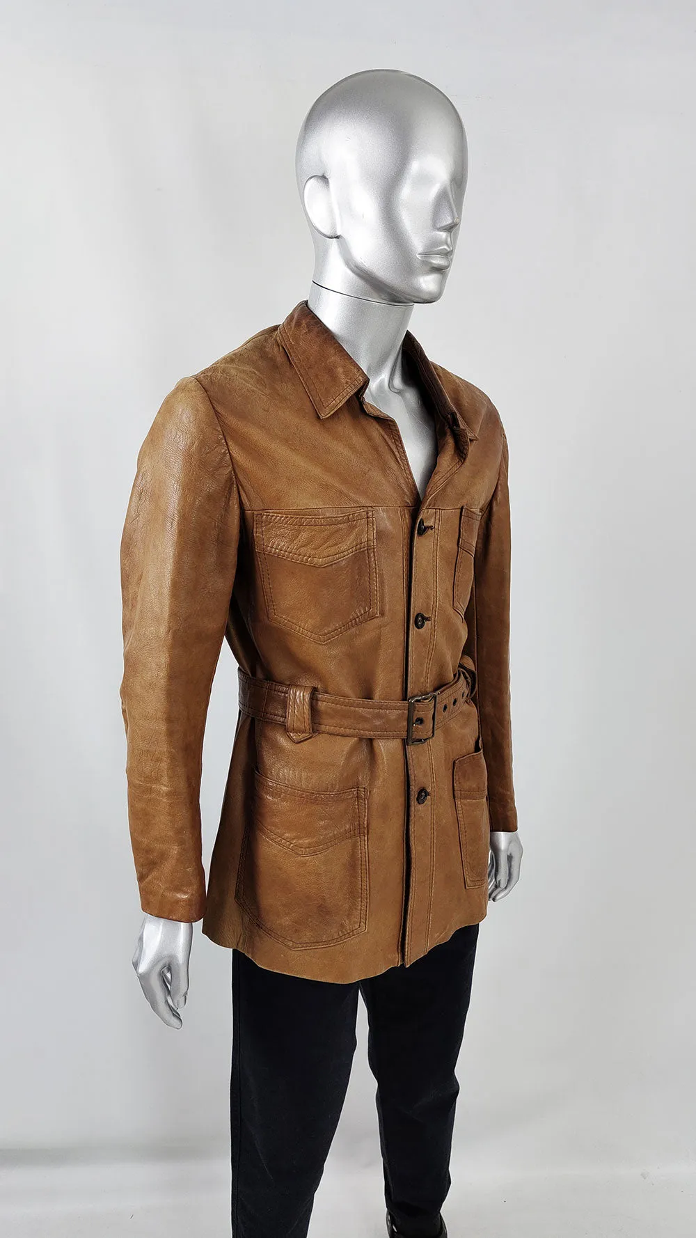 Hornes Vintage Mens Brown Leather Distressed Jacket, 1970s