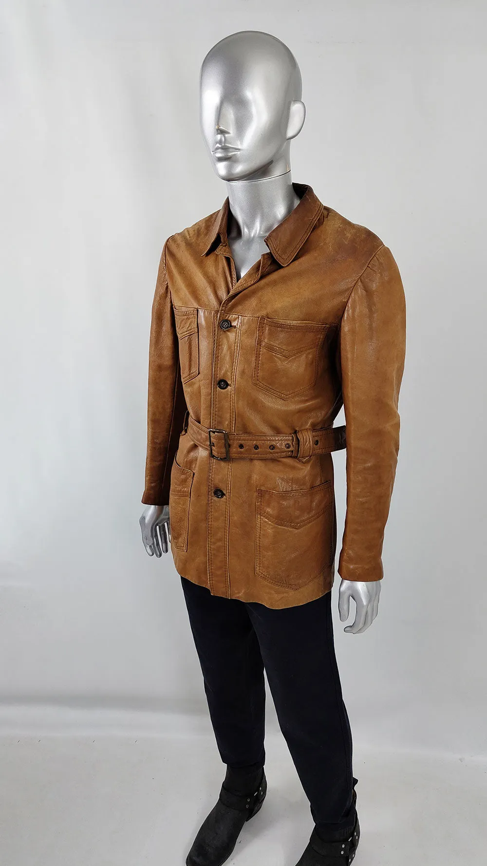 Hornes Vintage Mens Brown Leather Distressed Jacket, 1970s