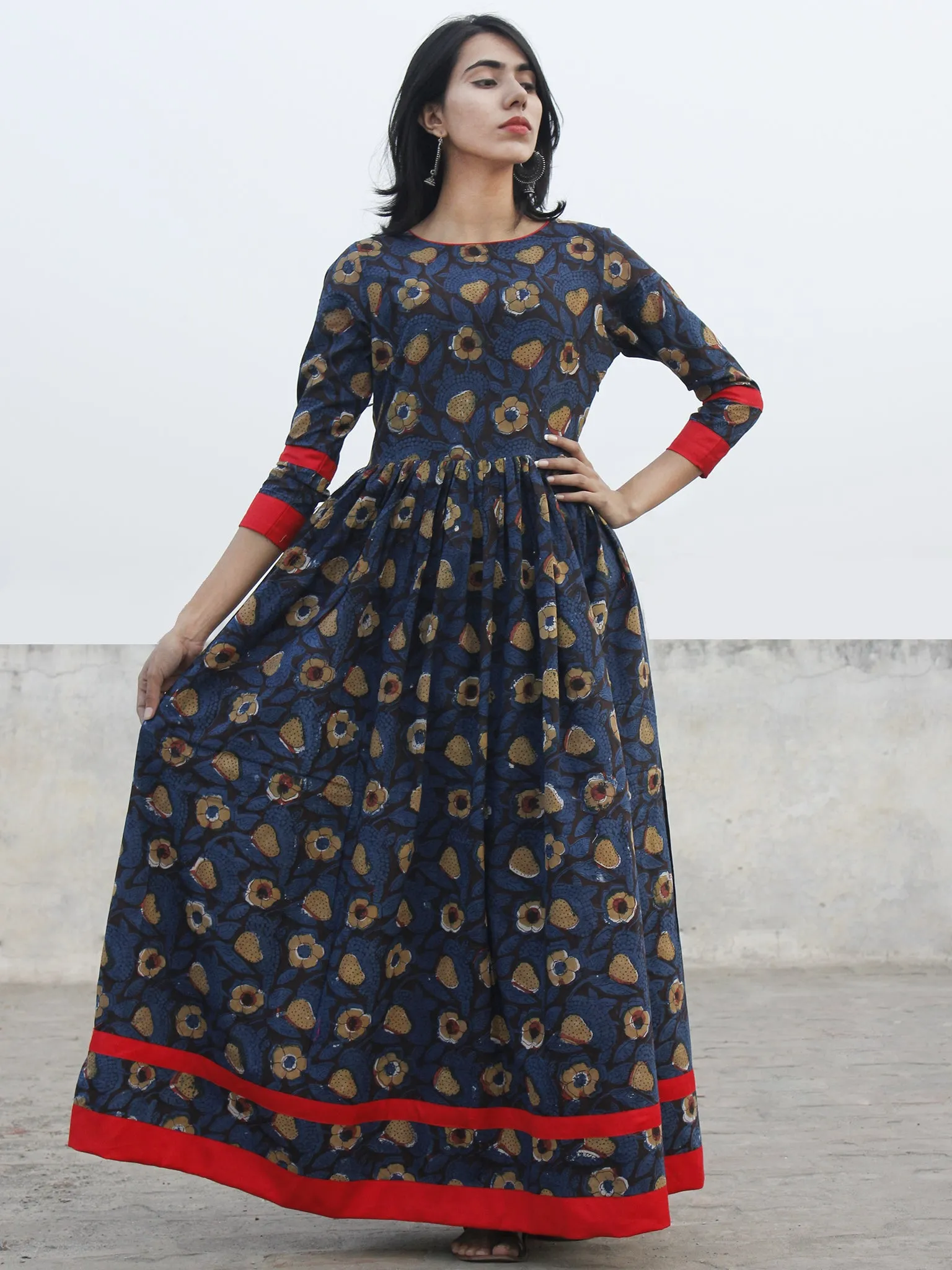 Indigo Black Brown Ivory Long Hand Block Cotton Dress With Back Details  - D136F981