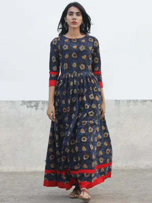 Indigo Black Brown Ivory Long Hand Block Cotton Dress With Back Details  - D136F981