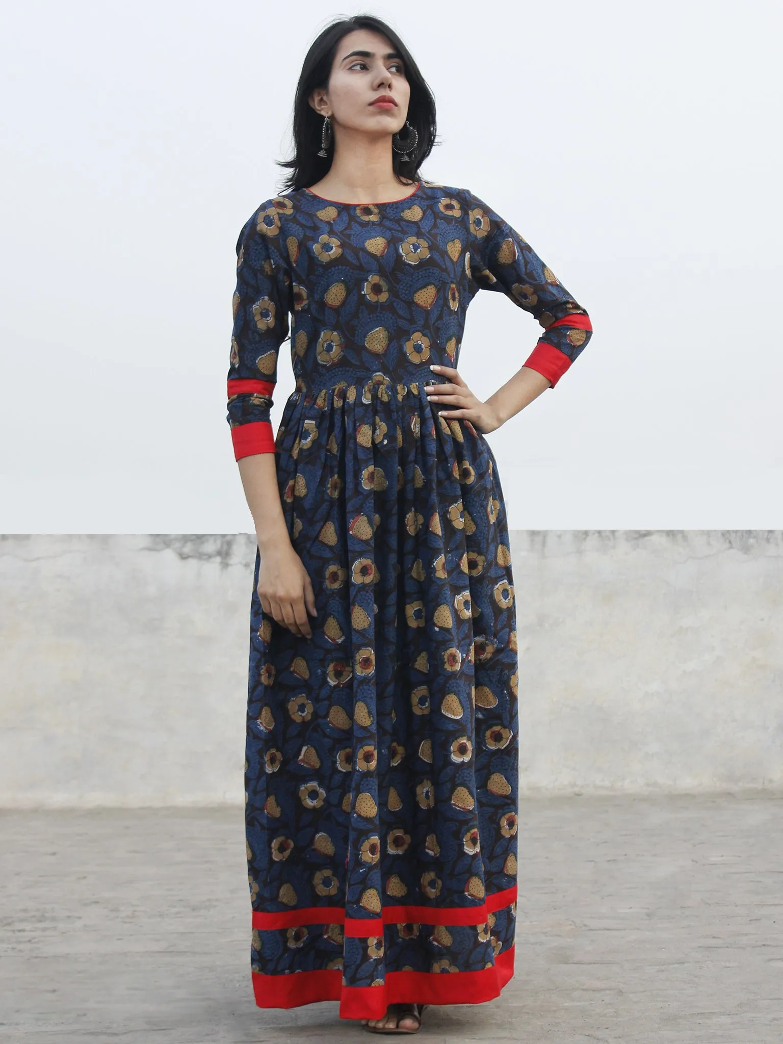 Indigo Black Brown Ivory Long Hand Block Cotton Dress With Back Details  - D136F981