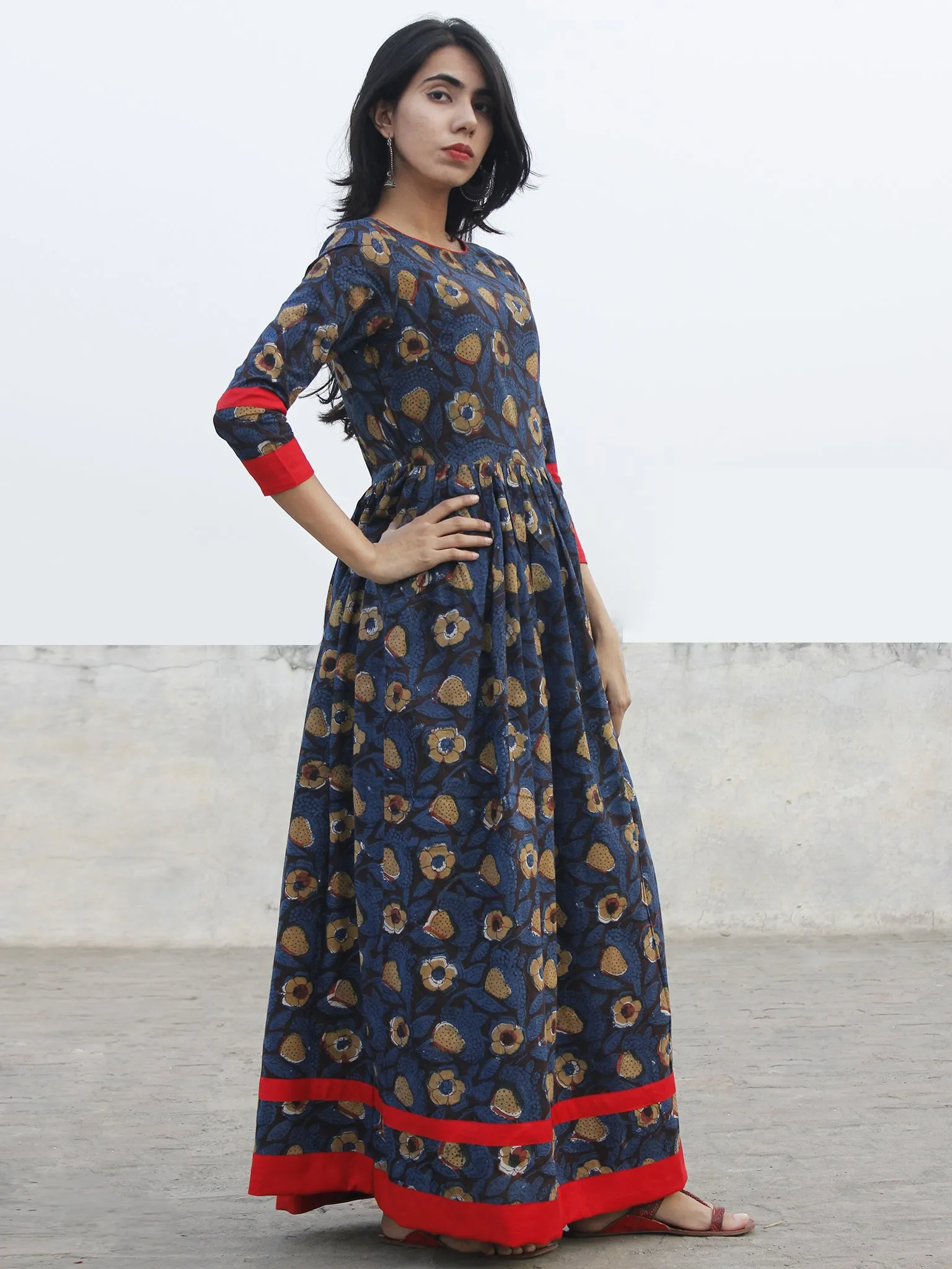 Indigo Black Brown Ivory Long Hand Block Cotton Dress With Back Details  - D136F981