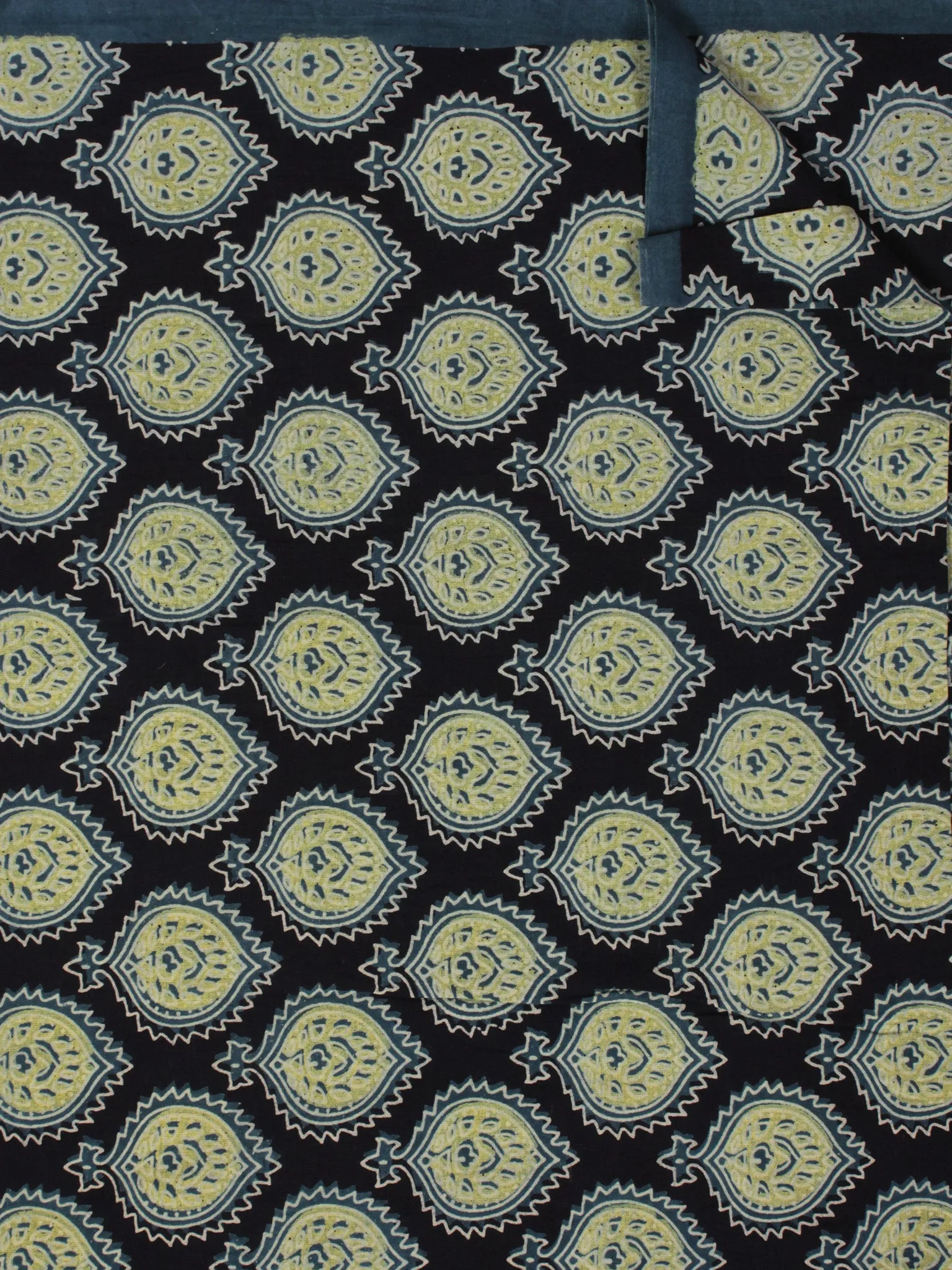 Indigo Green Ivory Ajrakh Printed Cotton Fabric Per Meter - F003F863