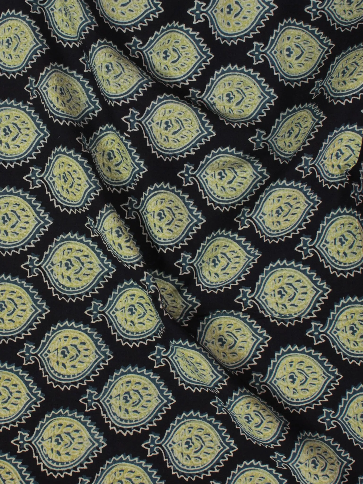 Indigo Green Ivory Ajrakh Printed Cotton Fabric Per Meter - F003F863