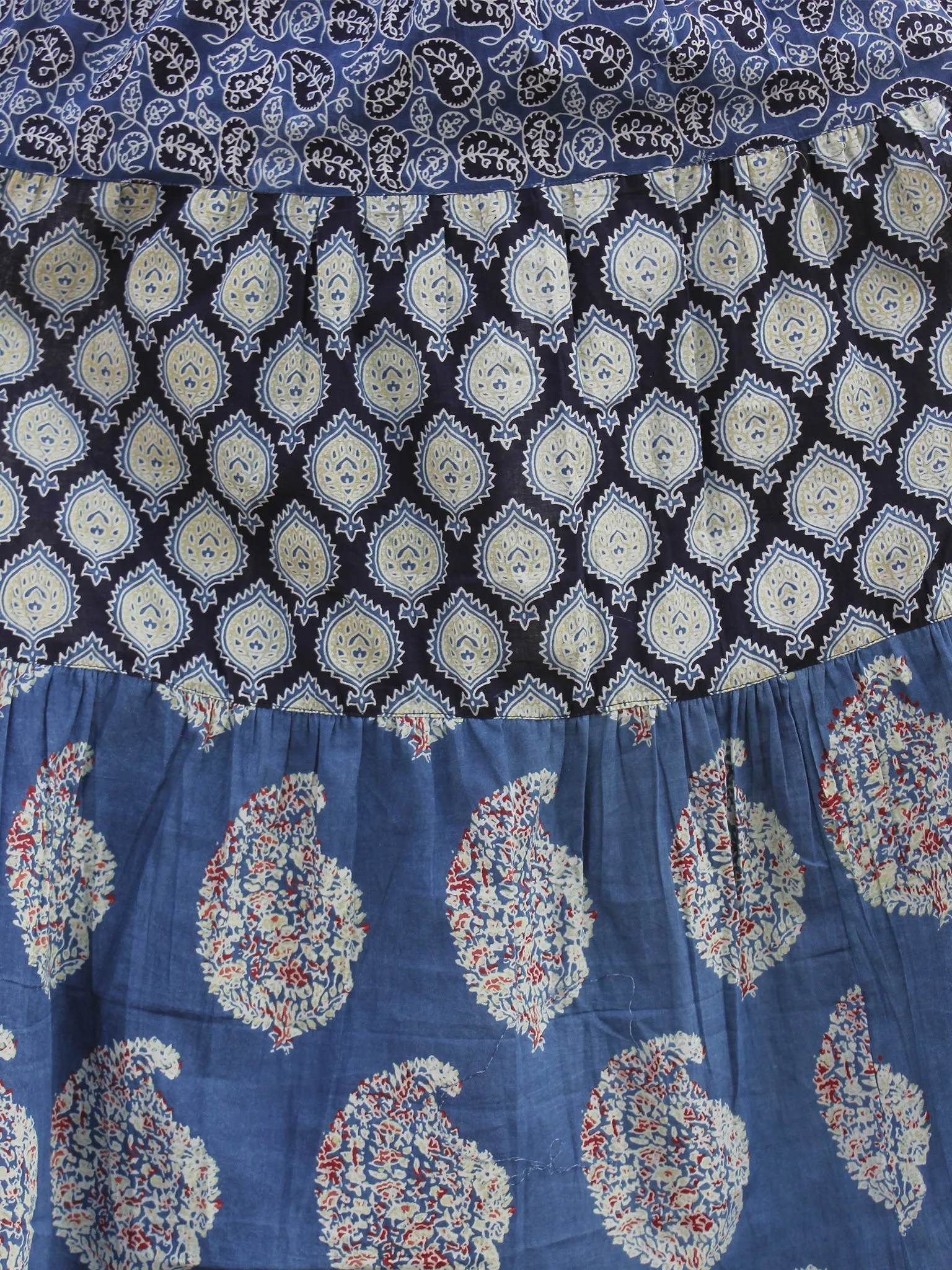 Indigo Maroon Green Ivory Hand Block Ajrakh Printed Long Cotton Tier Dress  -  D95F863