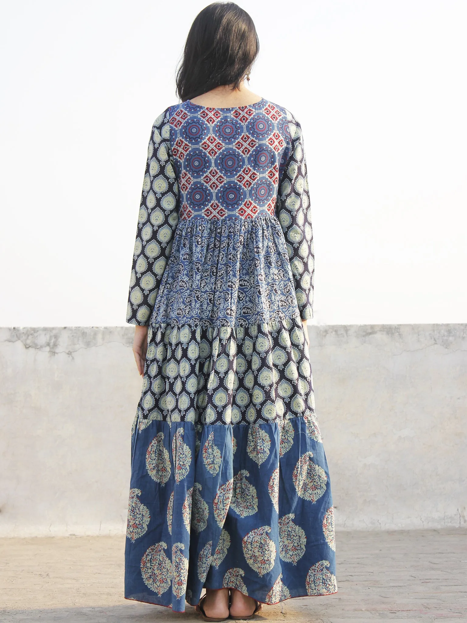 Indigo Maroon Green Ivory Hand Block Ajrakh Printed Long Cotton Tier Dress  -  D95F863