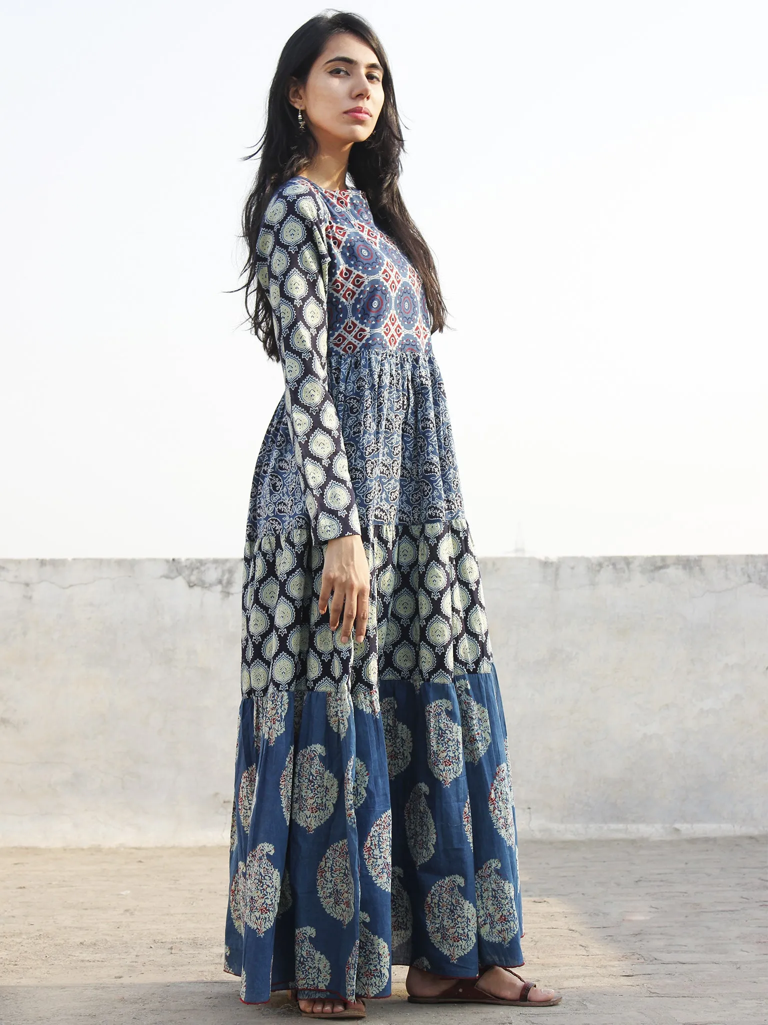 Indigo Maroon Green Ivory Hand Block Ajrakh Printed Long Cotton Tier Dress  -  D95F863