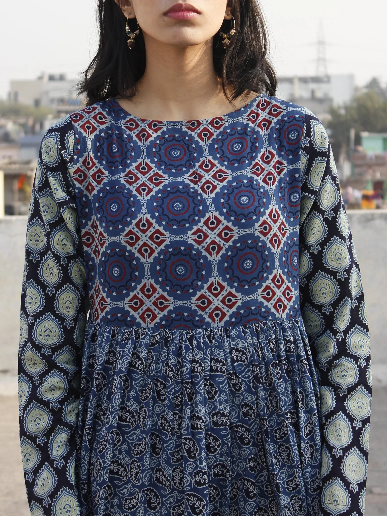 Indigo Maroon Green Ivory Hand Block Ajrakh Printed Long Cotton Tier Dress  -  D95F863