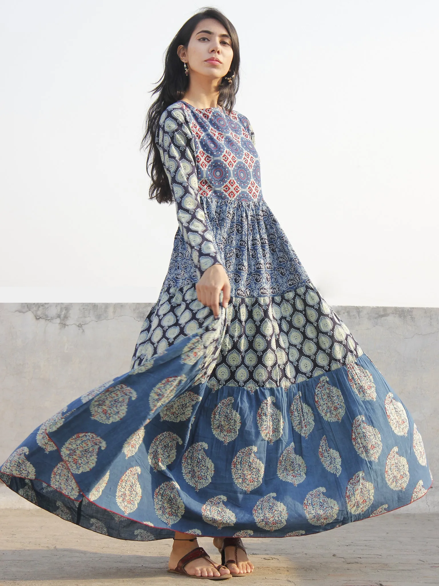 Indigo Maroon Green Ivory Hand Block Ajrakh Printed Long Cotton Tier Dress  -  D95F863