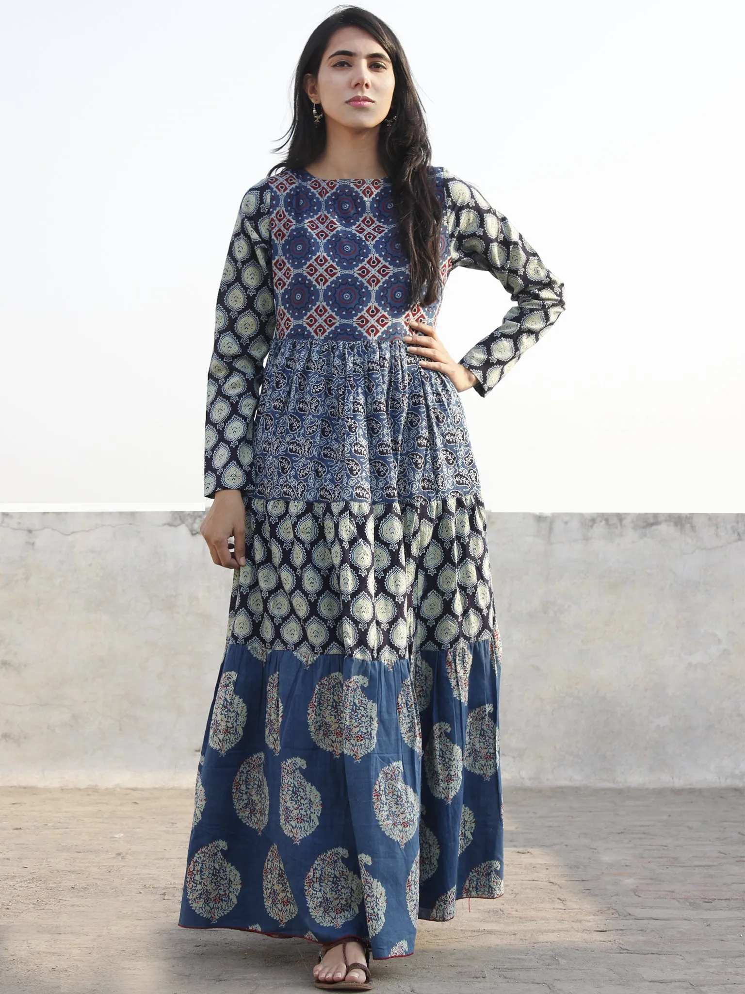 Indigo Maroon Green Ivory Hand Block Ajrakh Printed Long Cotton Tier Dress  -  D95F863