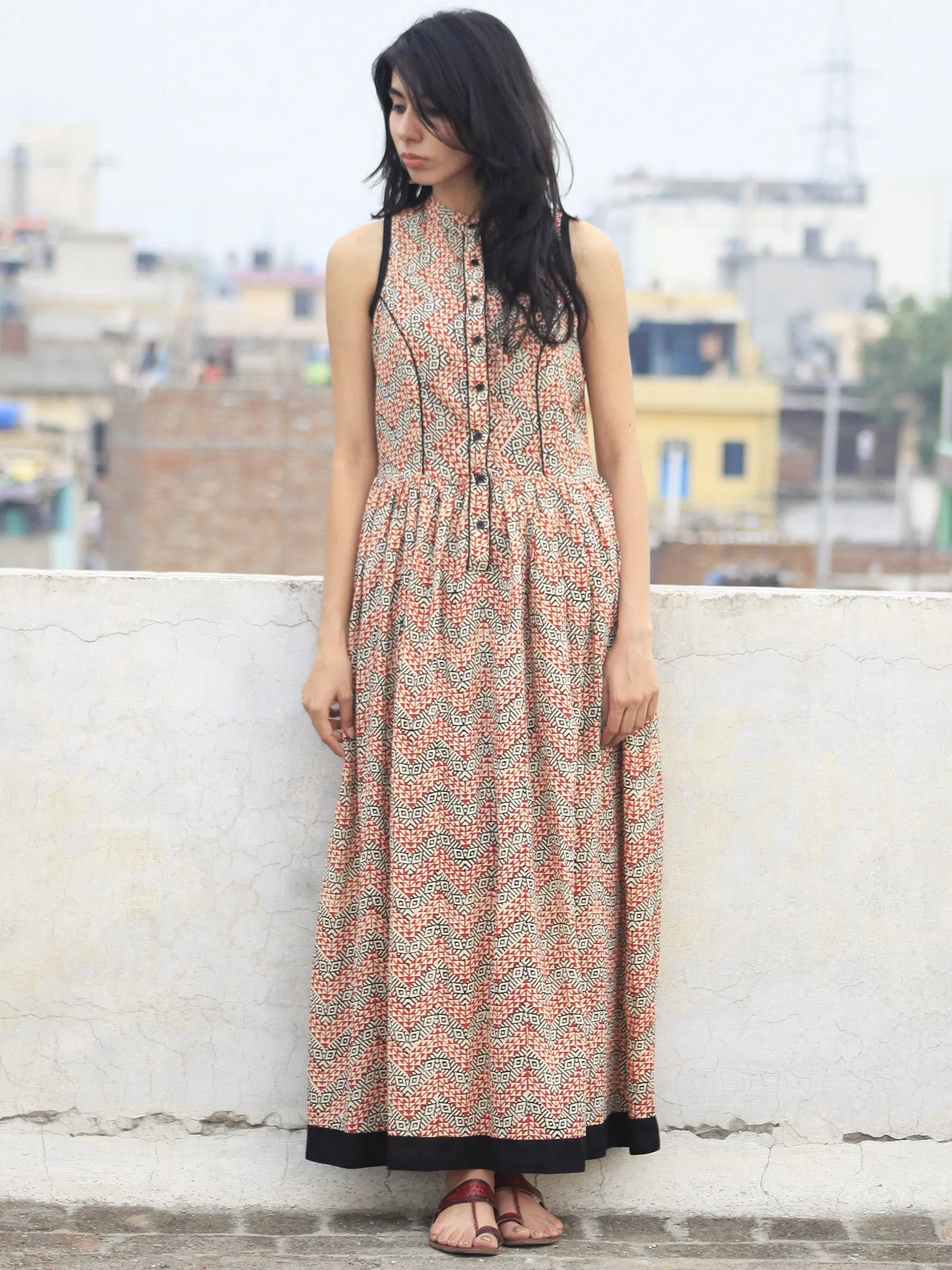 Ivory Black Red Long Sleeveless Hand Block Printed Cotton Dress With Gathers - D46F576