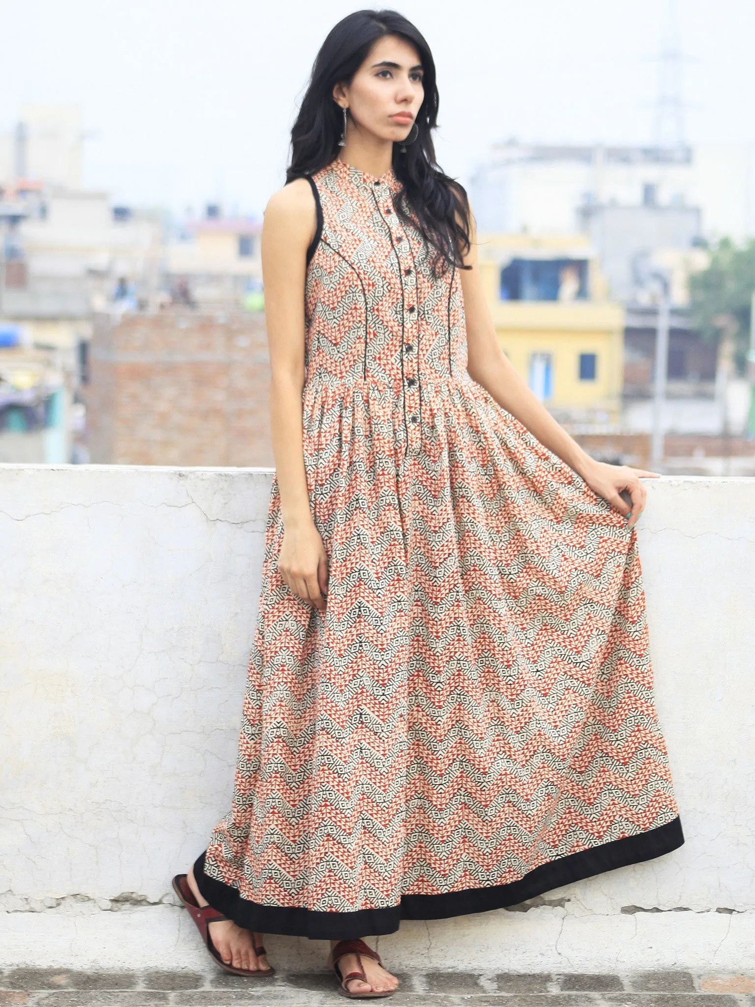 Ivory Black Red Long Sleeveless Hand Block Printed Cotton Dress With Gathers - D46F576