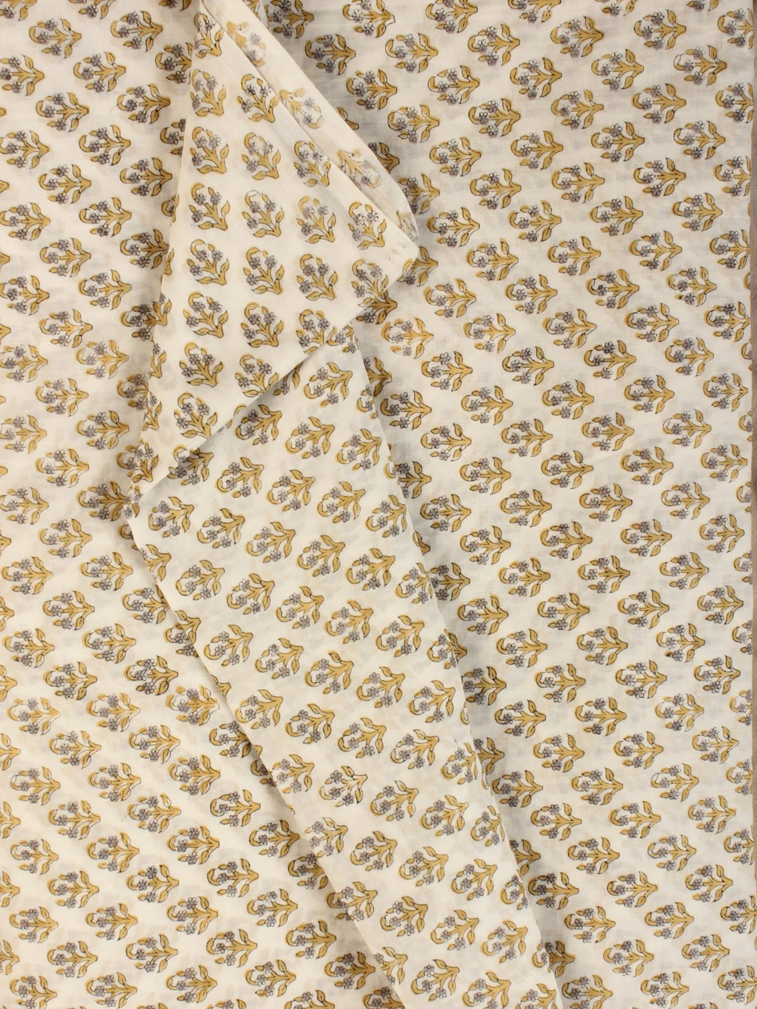 Ivory Mustard grey Hand Block Printed Cotton Fabric Per Meter - F001F2182