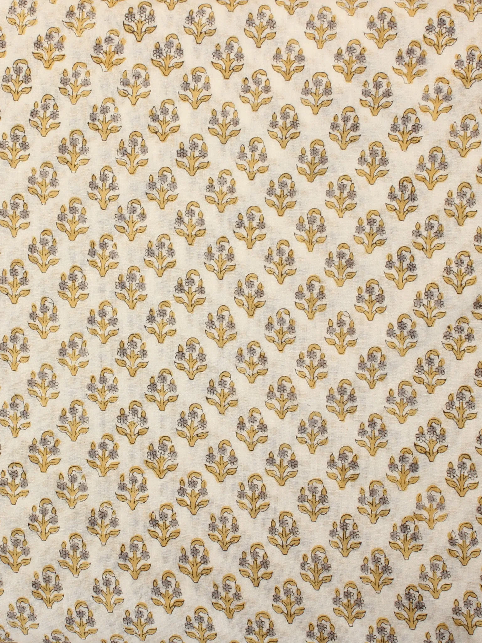 Ivory Mustard grey Hand Block Printed Cotton Fabric Per Meter - F001F2182