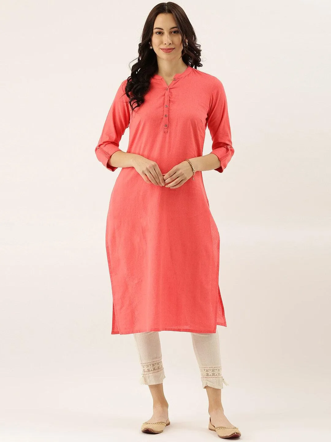 Jashvi Peach Solid Straight Roll up Sleeve Kurti