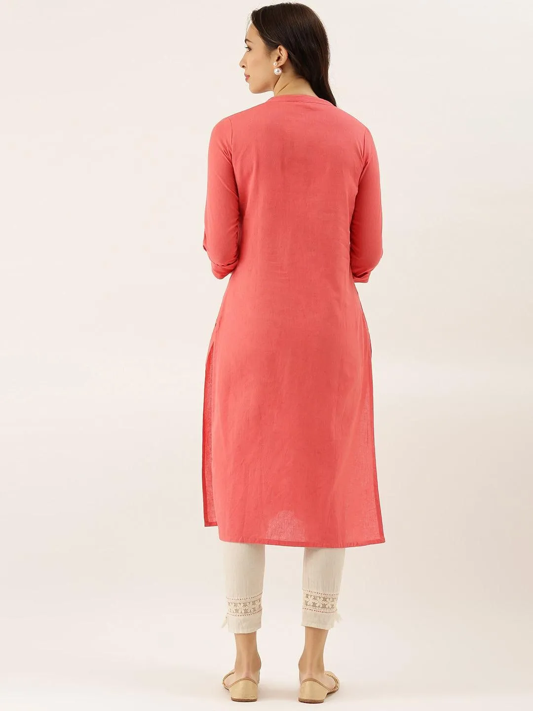 Jashvi Peach Solid Straight Roll up Sleeve Kurti