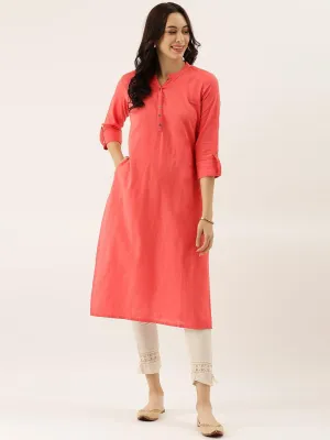 Jashvi Peach Solid Straight Roll up Sleeve Kurti