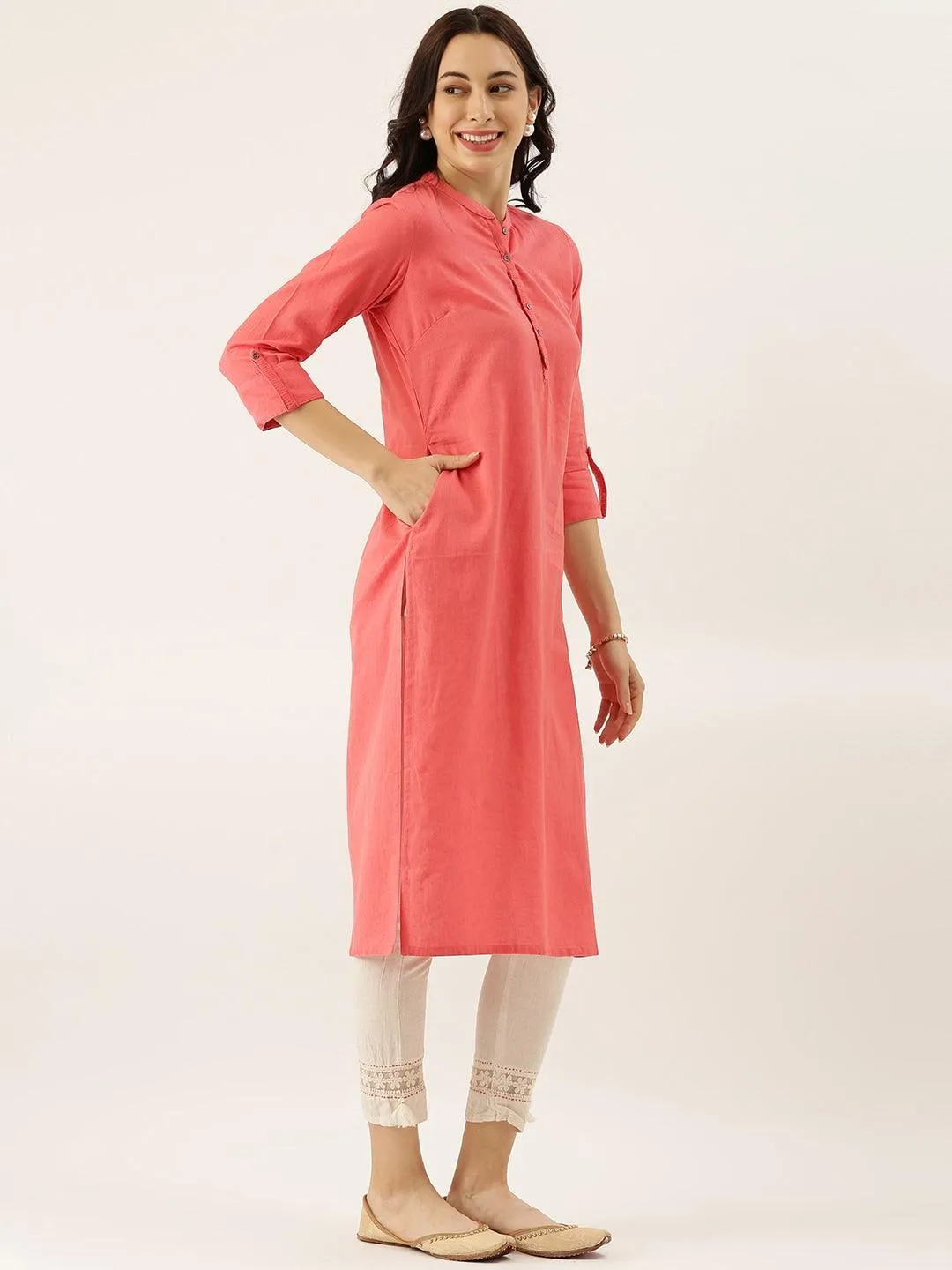 Jashvi Peach Solid Straight Roll up Sleeve Kurti