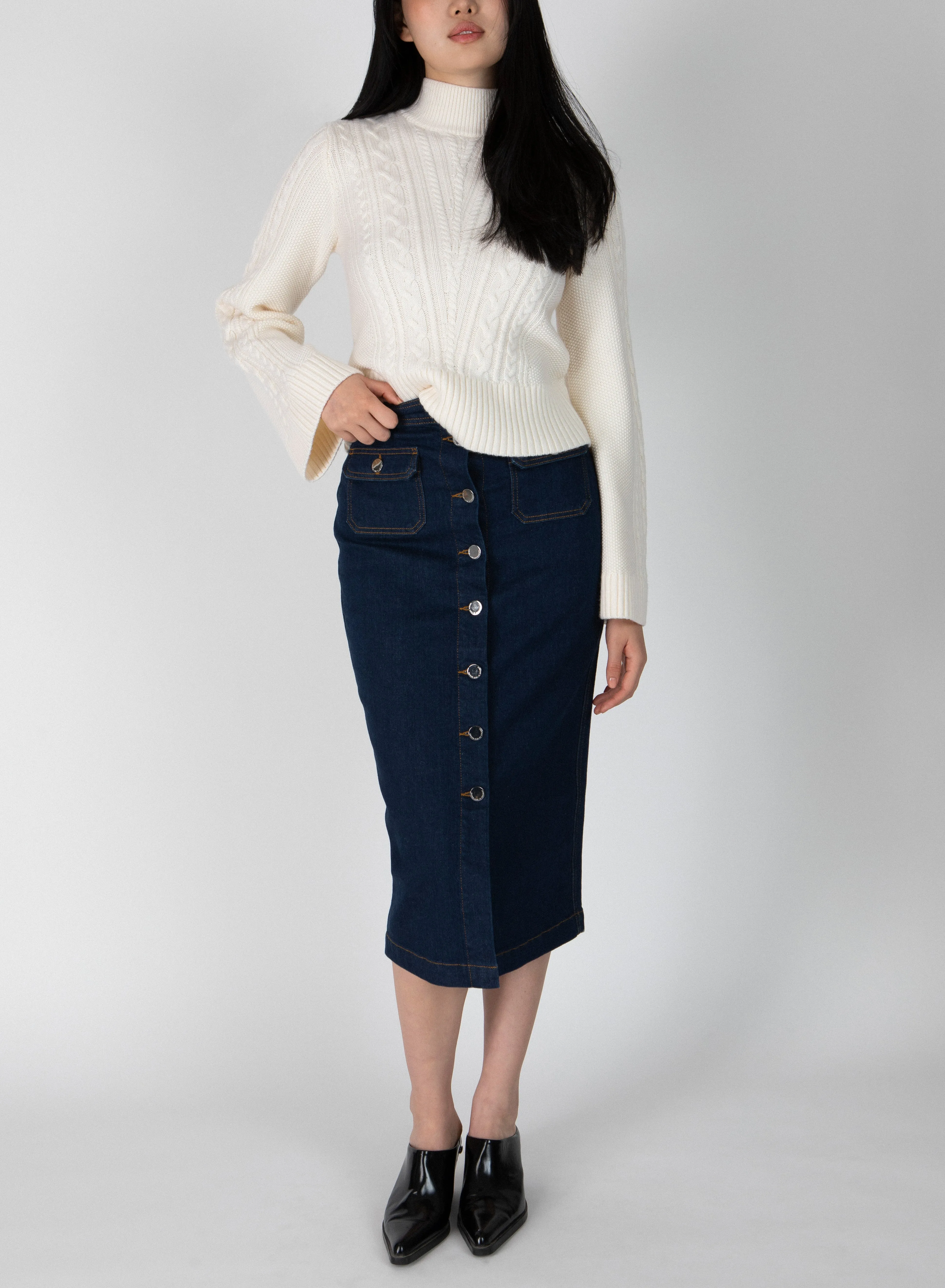 Jewel Button Front Skirt - Park Rinse