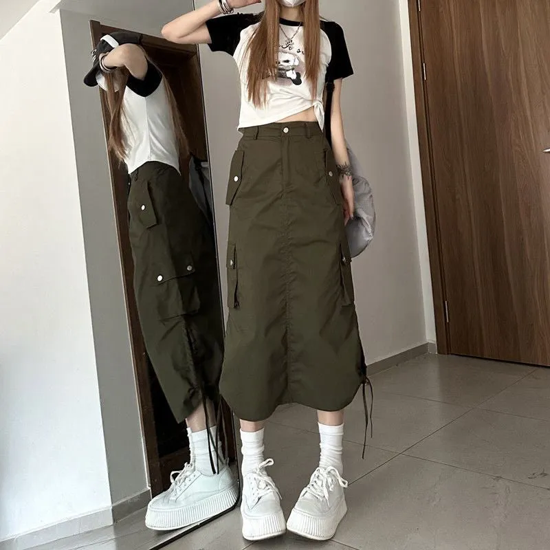 KittenAlarm - High Waist Cargo Pockets Long Skirts