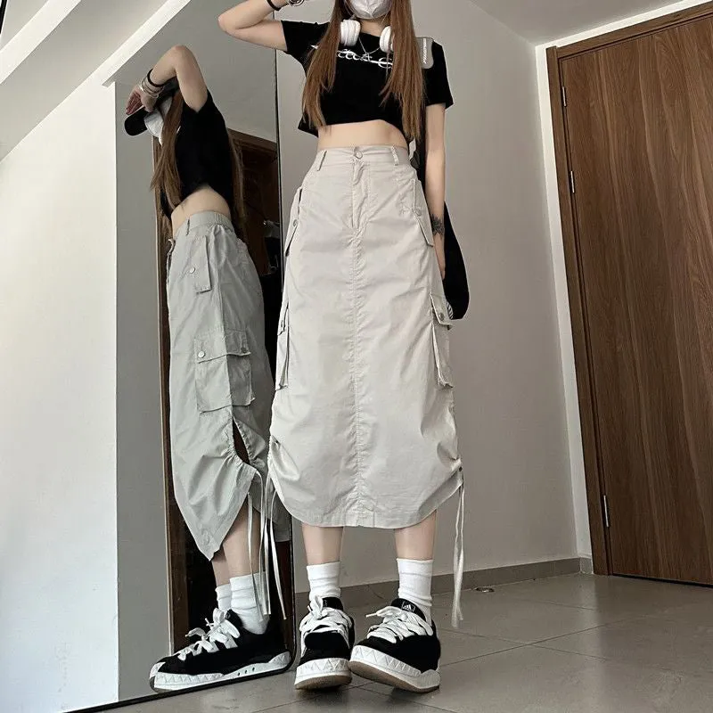 KittenAlarm - High Waist Cargo Pockets Long Skirts