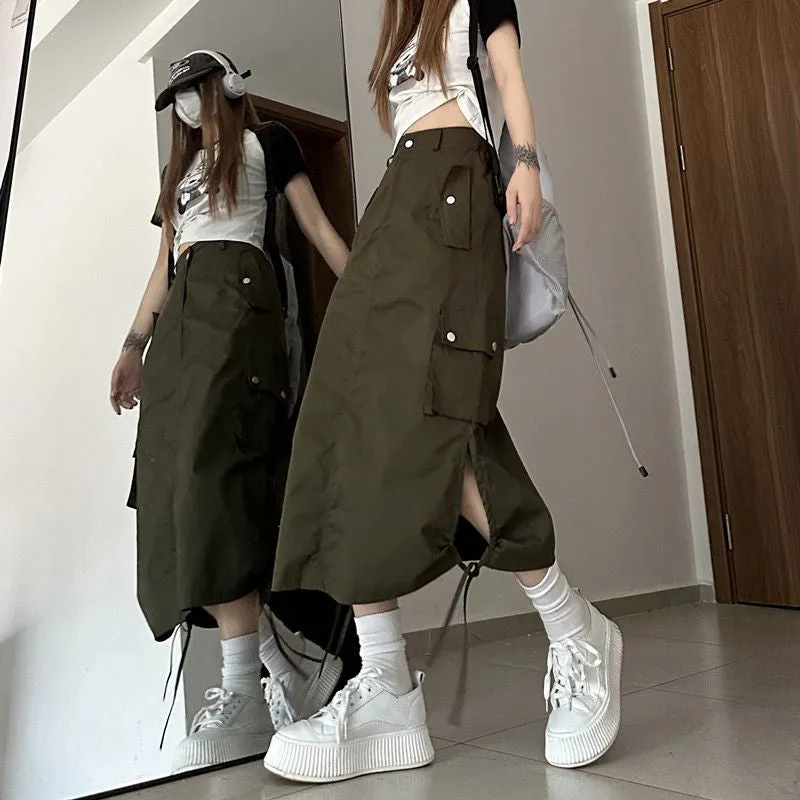 KittenAlarm - High Waist Cargo Pockets Long Skirts