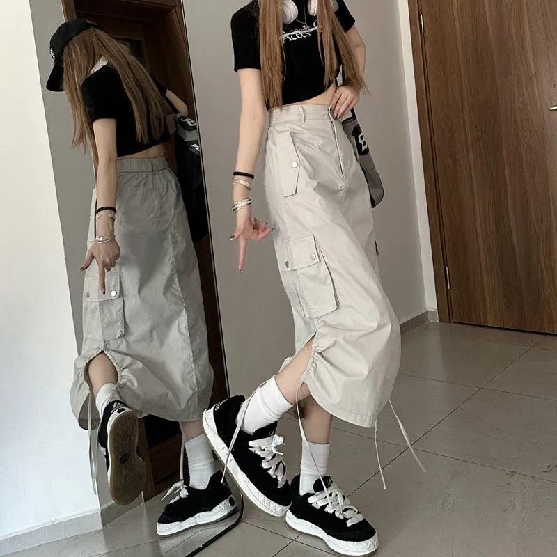 KittenAlarm - High Waist Cargo Pockets Long Skirts