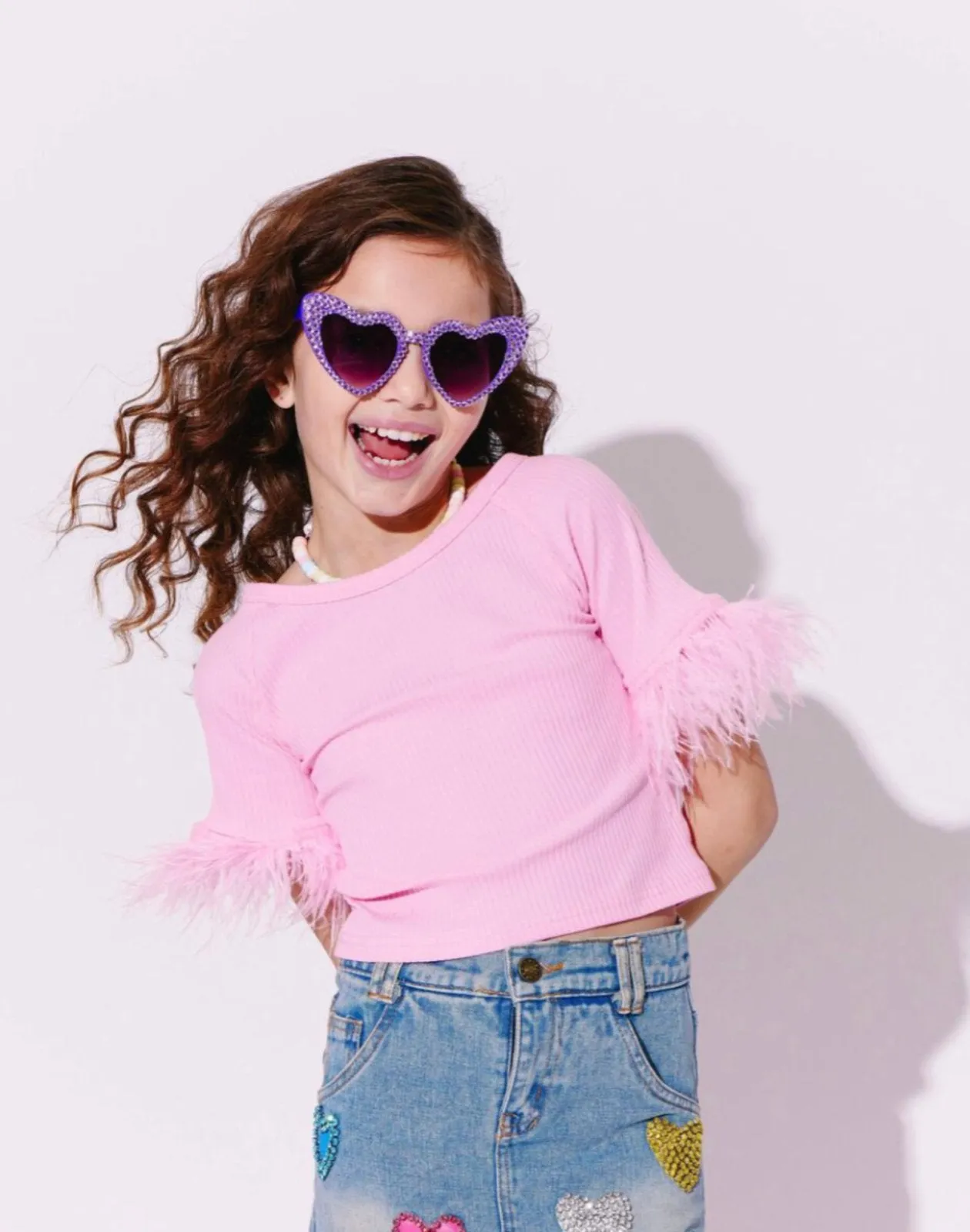 Lola and The Boys Pink Feather Sleeve Tee