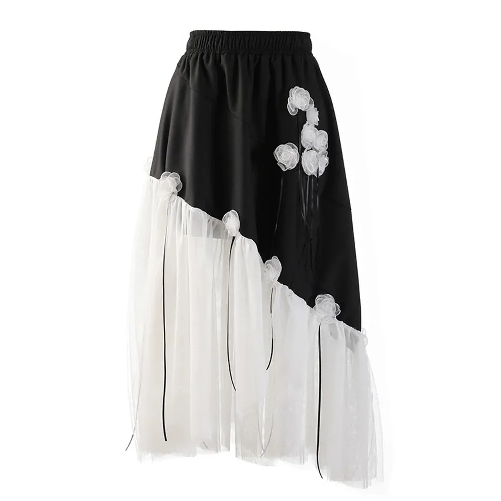 Loose Asymmetrical Midi Skirt For Women High Waist Patchwork Color Block Midi Skirts Female Korean Fashion Clothing