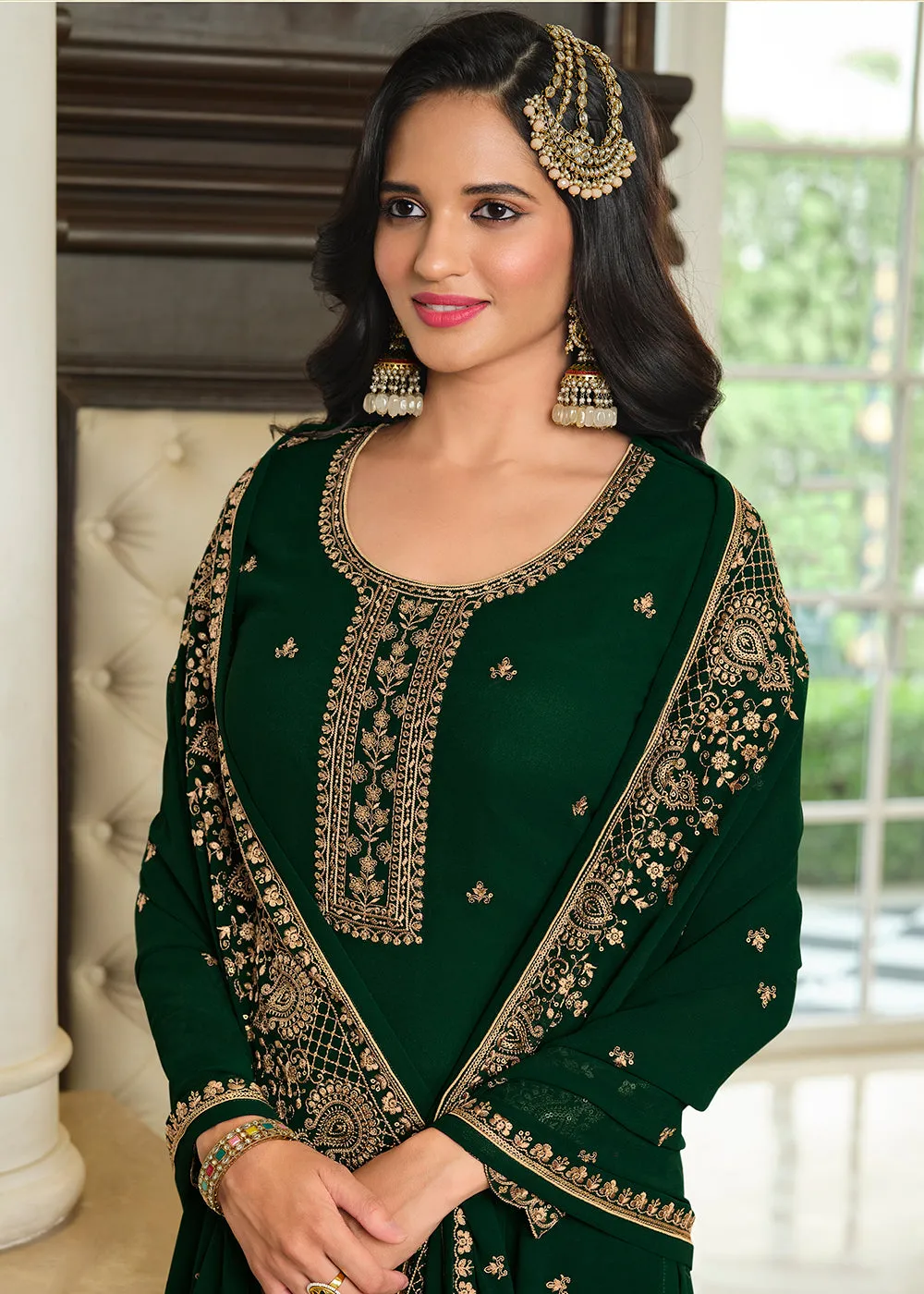 Lovely Green Embroidered Georgette Pakistani Gharara Suit