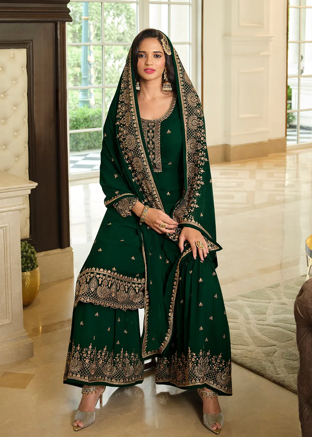 Lovely Green Embroidered Georgette Pakistani Gharara Suit