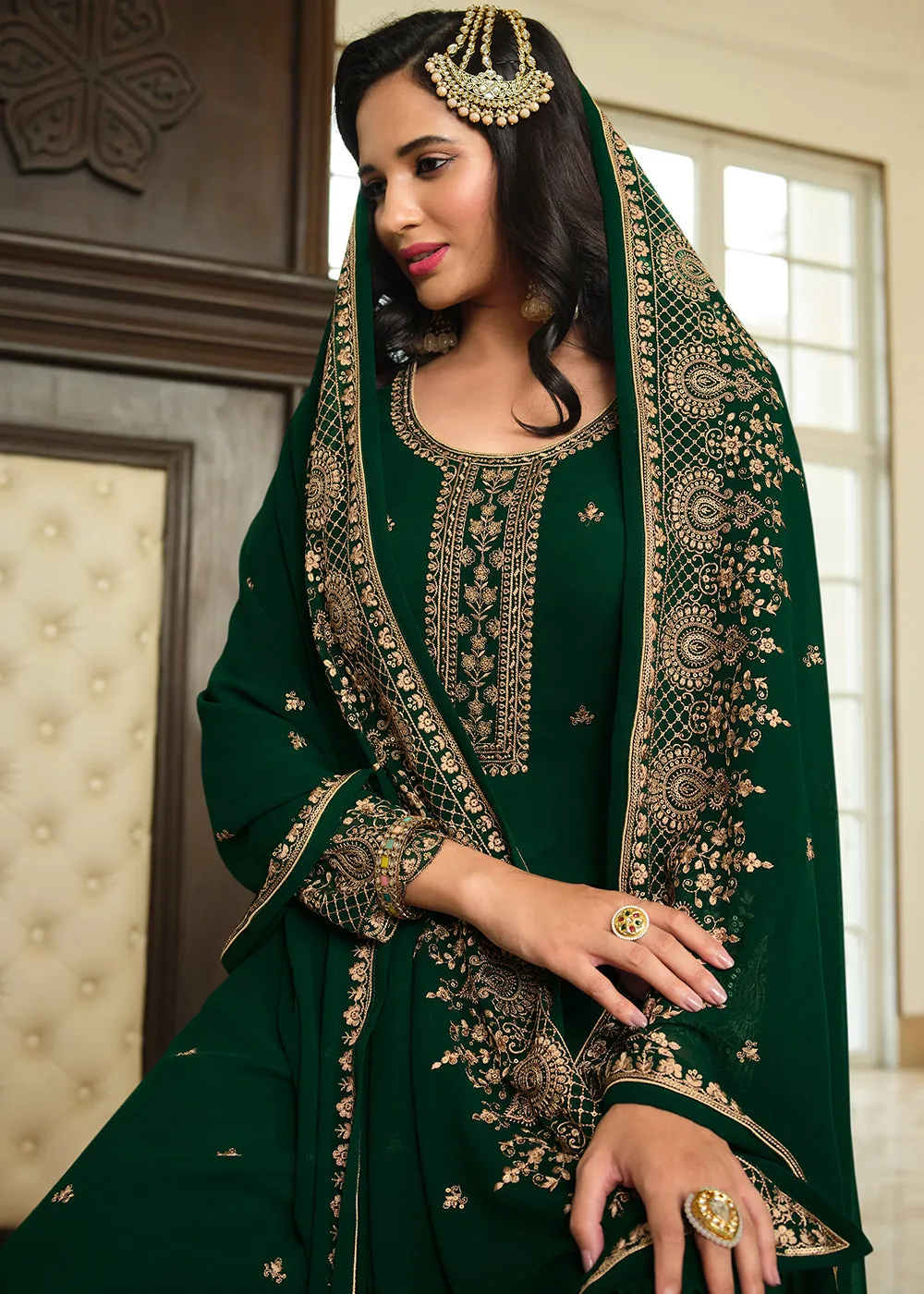 Lovely Green Embroidered Georgette Pakistani Gharara Suit