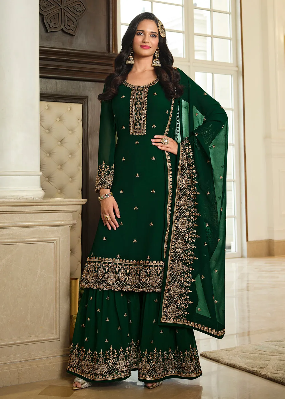 Lovely Green Embroidered Georgette Pakistani Gharara Suit