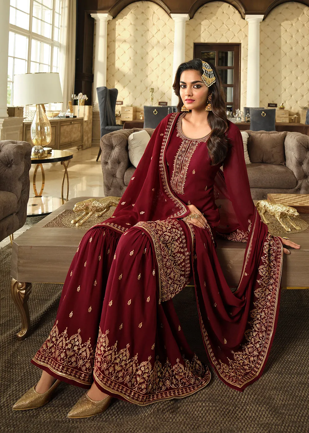 Lovely Maroon Embroidered Georgette Pakistani Gharara Suit