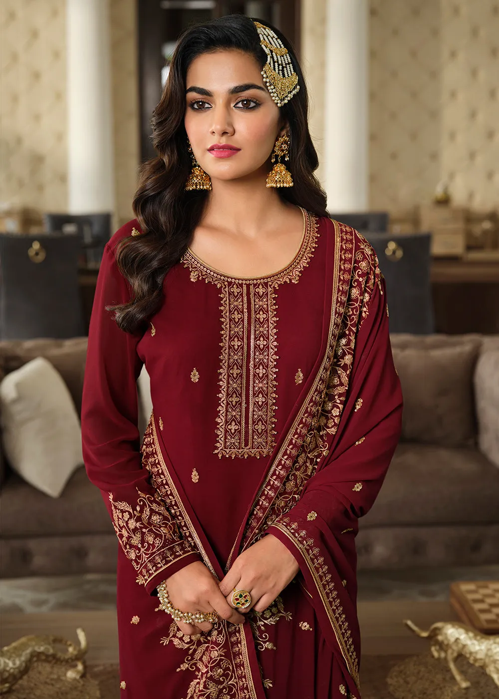 Lovely Maroon Embroidered Georgette Pakistani Gharara Suit