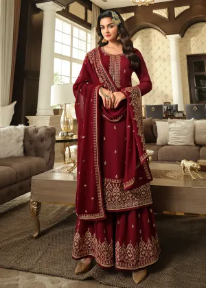 Lovely Maroon Embroidered Georgette Pakistani Gharara Suit