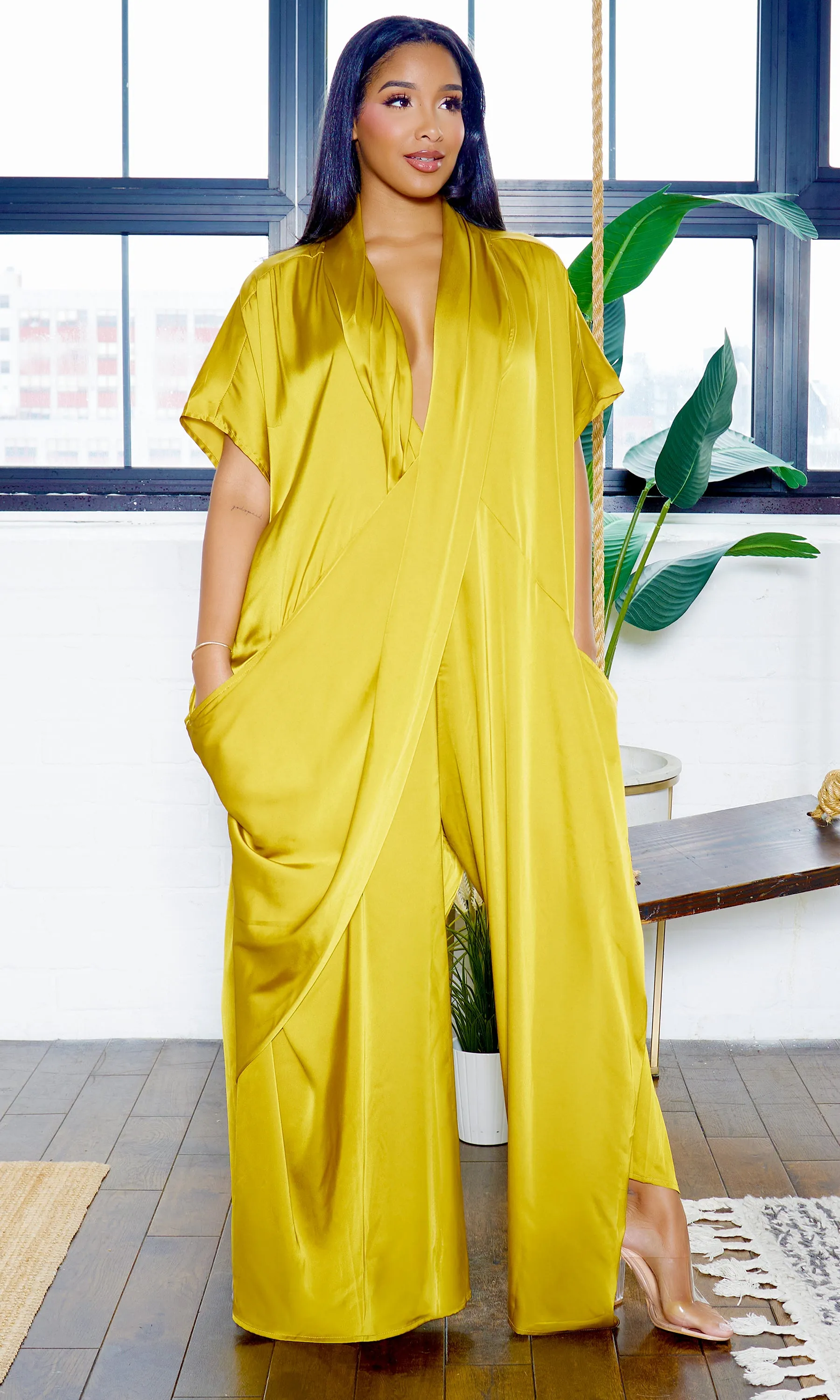 Luxe Drape Loose Fit Jumpsuit -  Chartreuse