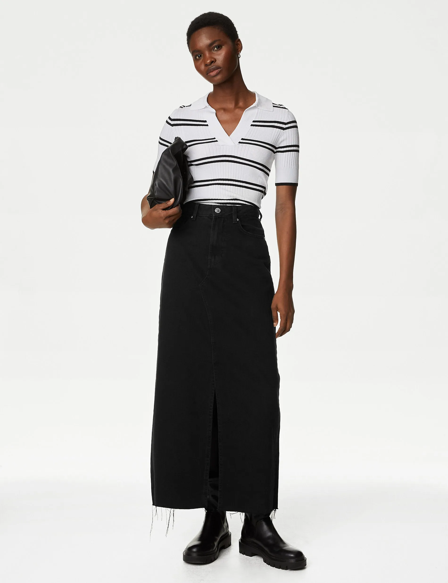 Marks & Spencer denim long skirt with front slit, black