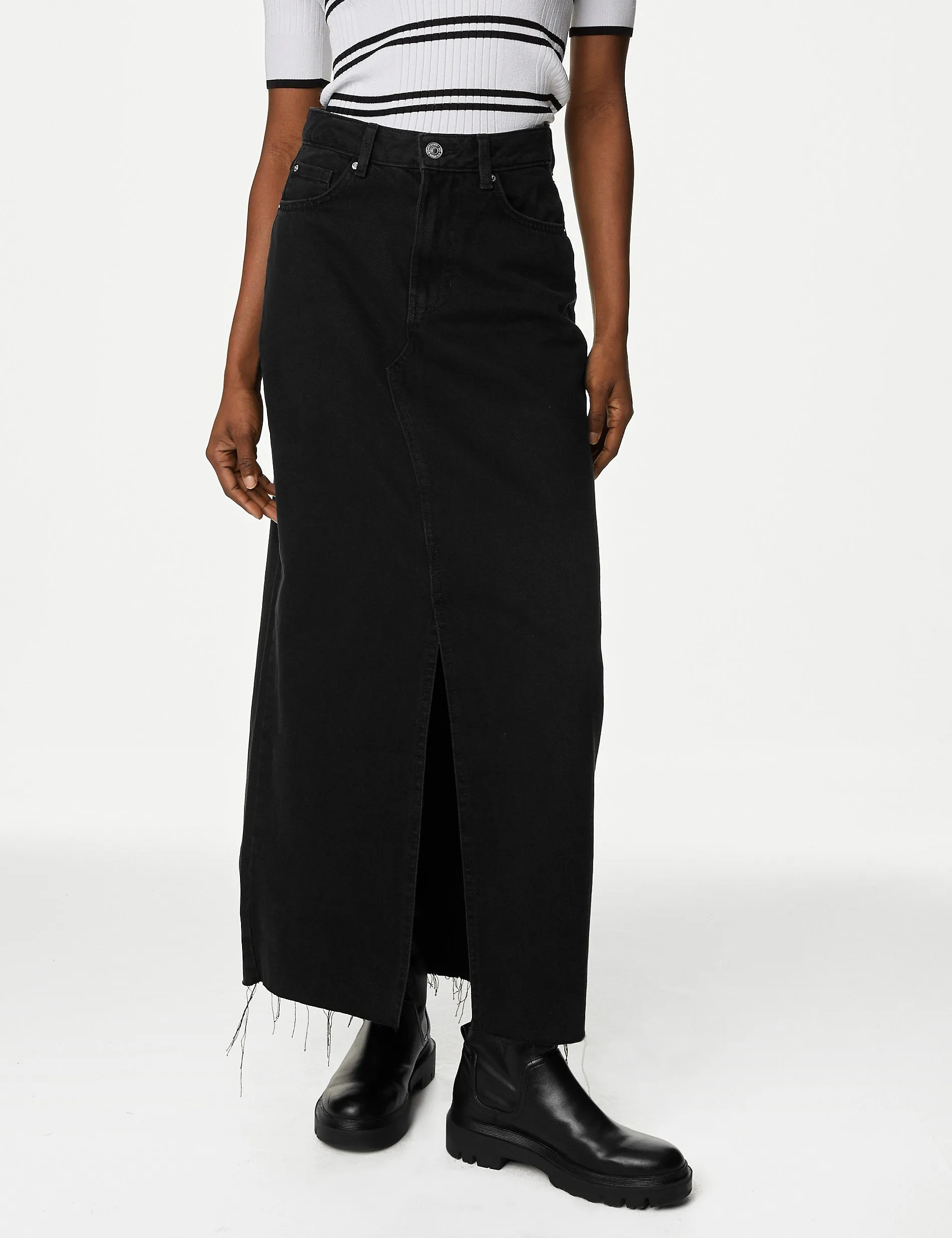 Marks & Spencer denim long skirt with front slit, black