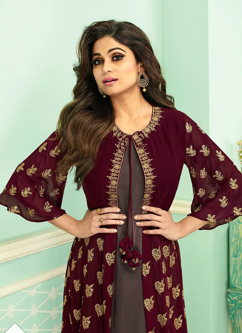 Maroon And Mauve Embroidered Jacket Style Palazzo Suit