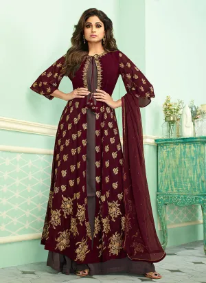 Maroon And Mauve Embroidered Jacket Style Palazzo Suit