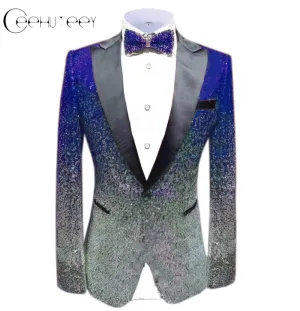 Men Peak Lapel Gradual Change Color Sequins Tuxedos Suit  Blazer