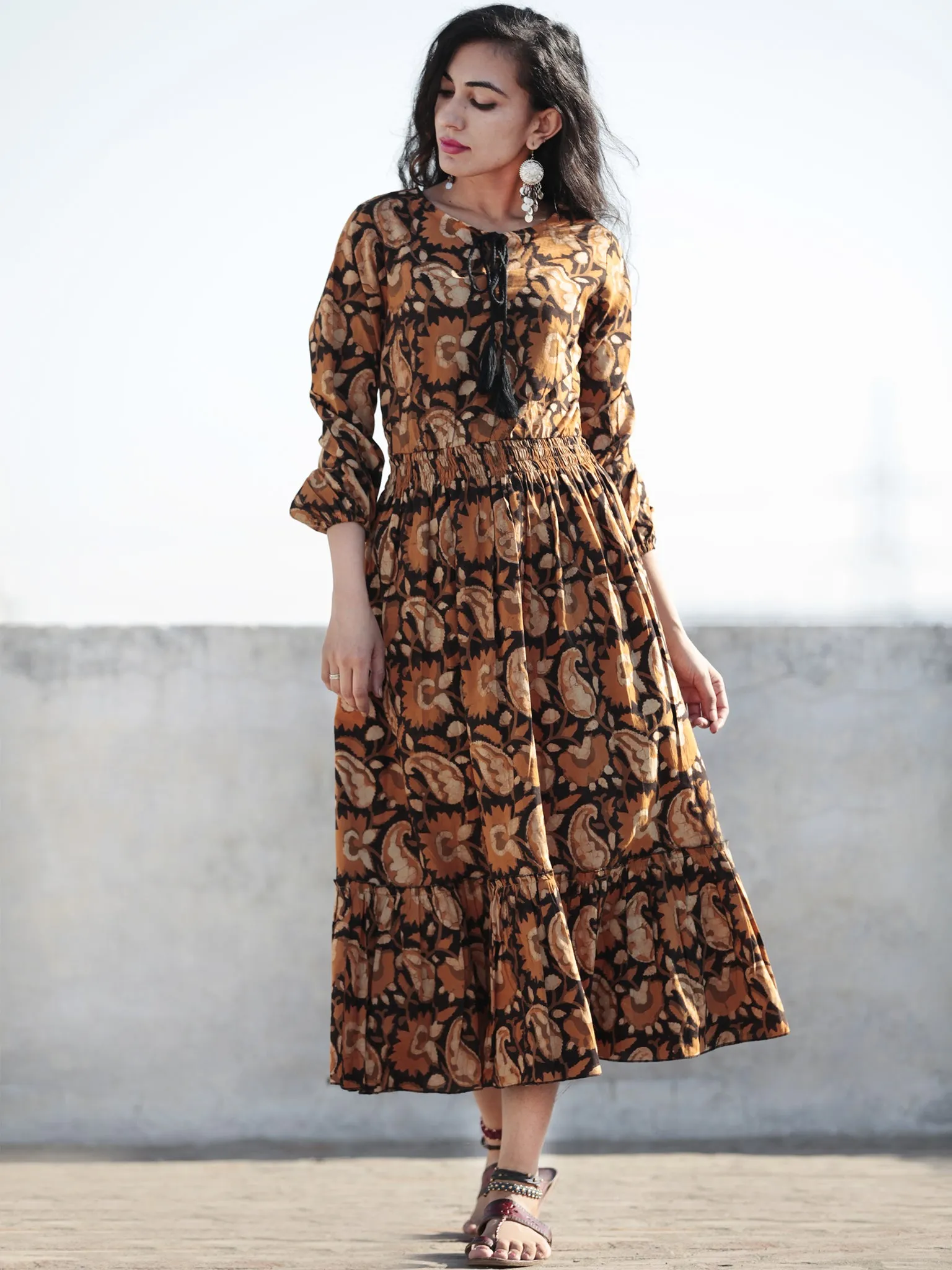 Mustard Beige Black Hand Block Printed Cotton Dress With Elasticated Waist - D200F1001