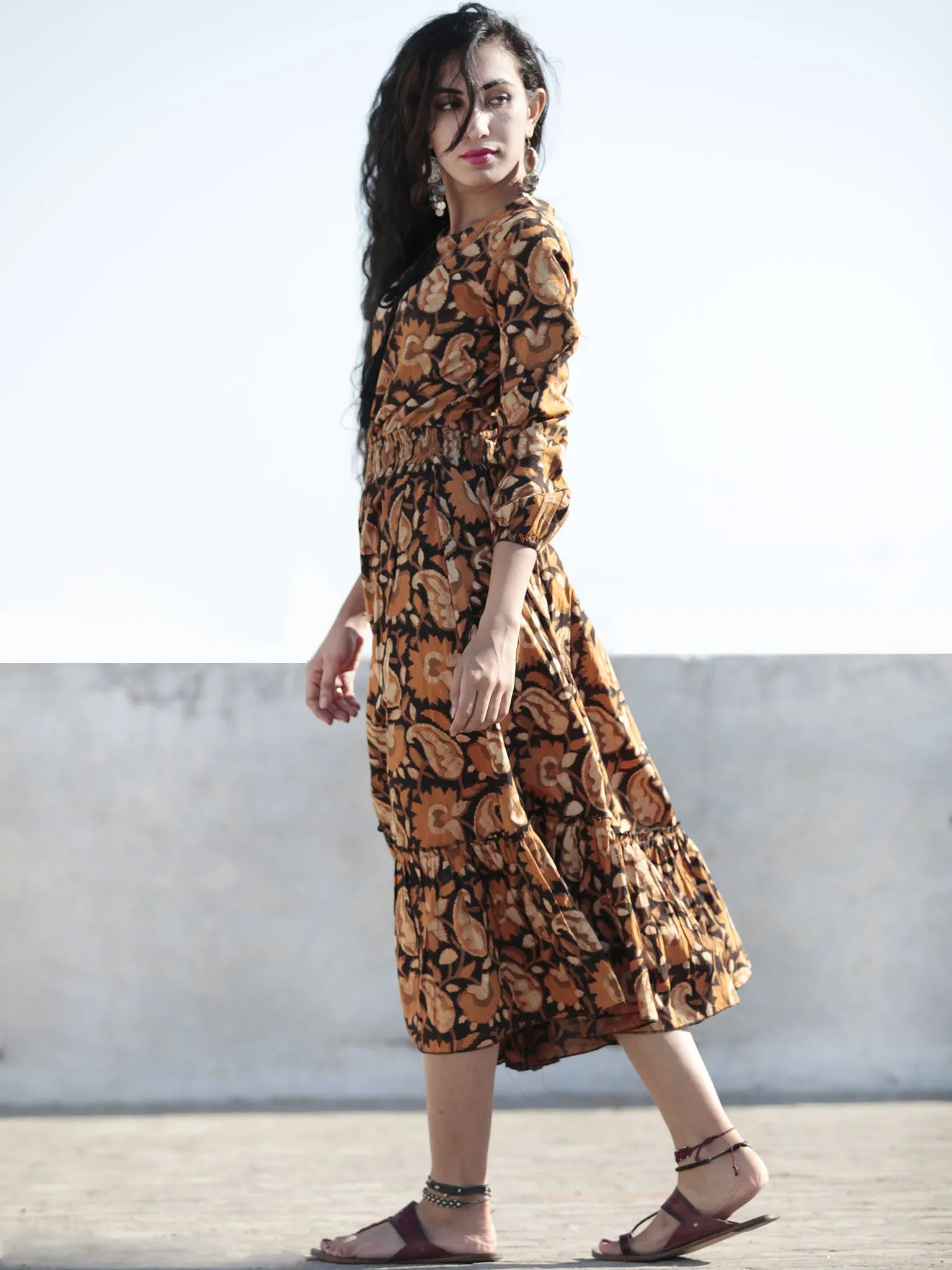 Mustard Beige Black Hand Block Printed Cotton Dress With Elasticated Waist - D200F1001