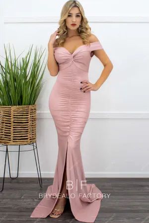 Nude Pink Off Shoulder Ruched Jersey Slit Mermaid Dress