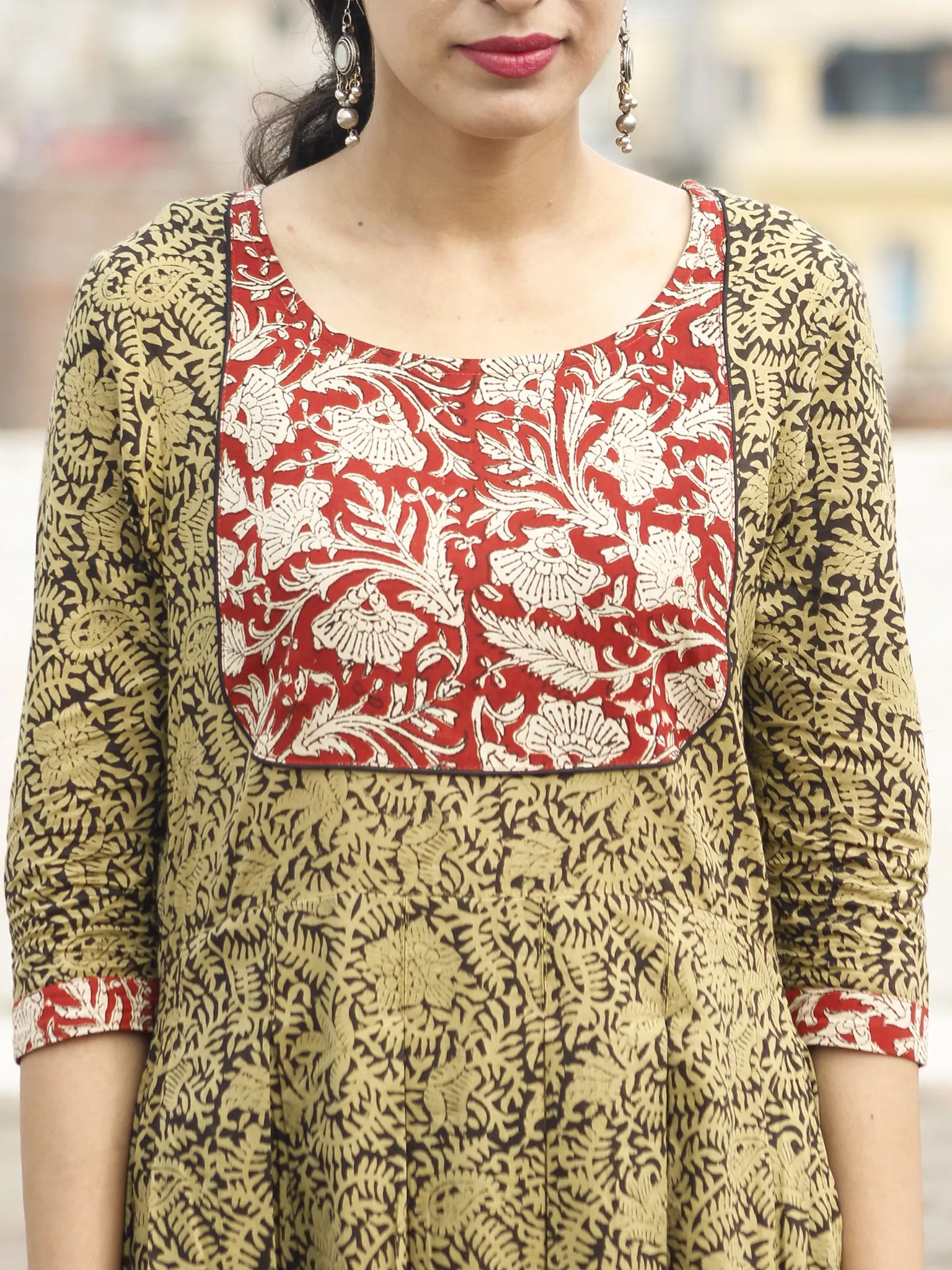 Olive Black Red Beige Hand Block Printed Cotton Dress With Box Pleats and Side Pockets- D70F248