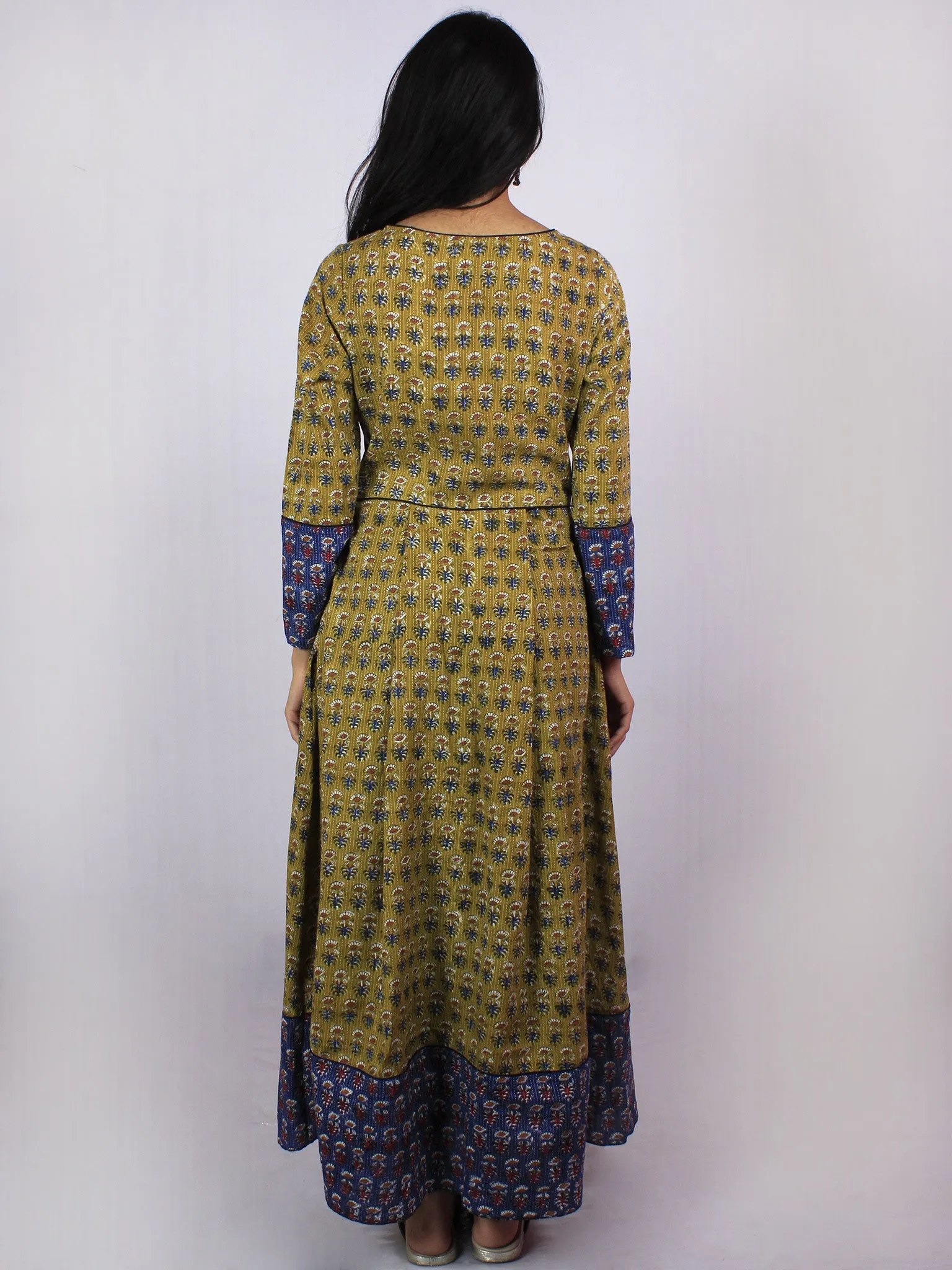 Olive Green Blue Red Ivory Hand Block Printed Kantha Stitched Long Cotton Dress With Box Pleats & Side Pockets - D2556303