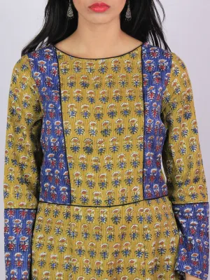 Olive Green Blue Red Ivory Hand Block Printed Kantha Stitched Long Cotton Dress With Box Pleats & Side Pockets - D2556303