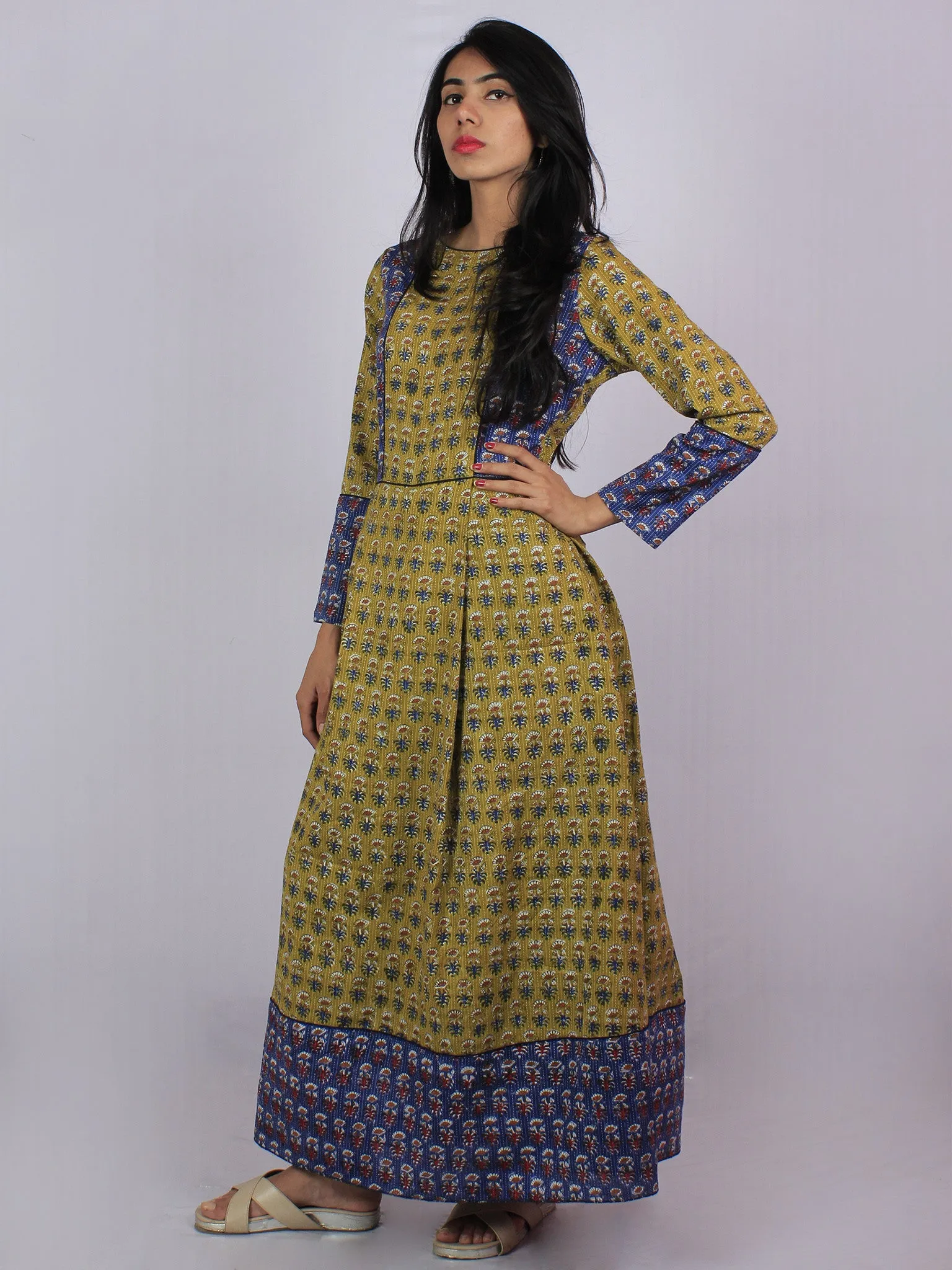 Olive Green Blue Red Ivory Hand Block Printed Kantha Stitched Long Cotton Dress With Box Pleats & Side Pockets - D2556303