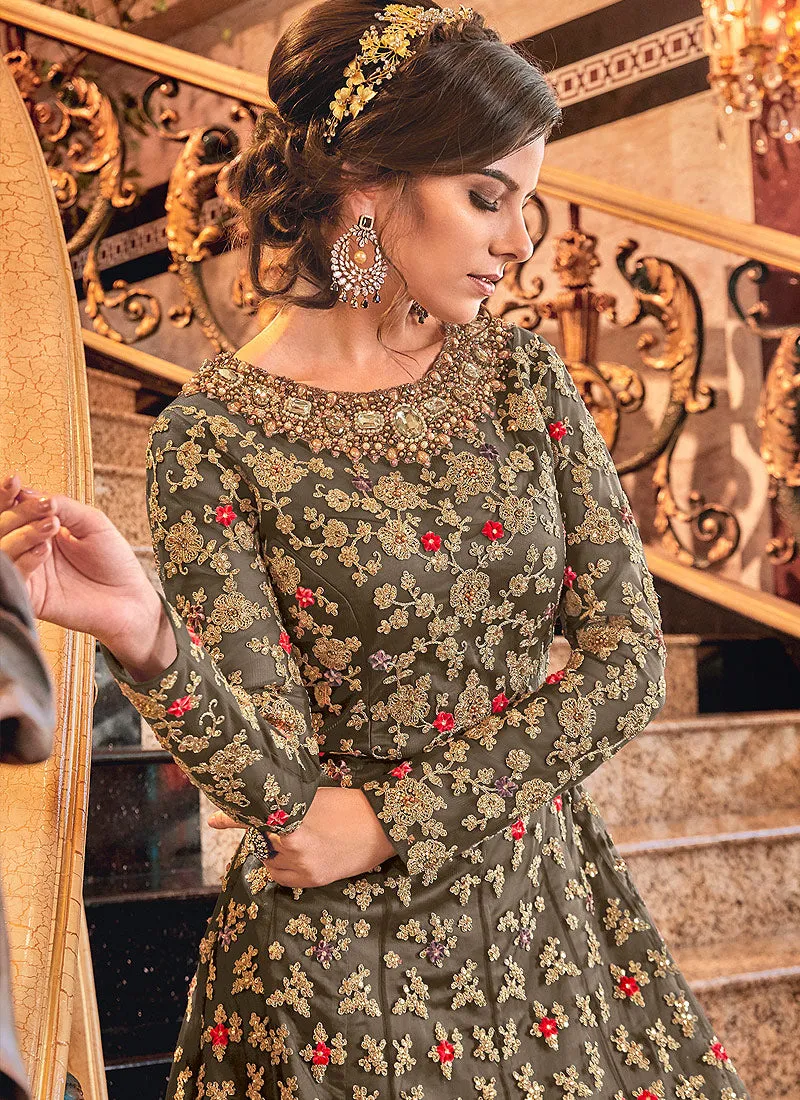 Olive Green Embroidered Designer Jacket Anarkali Suit